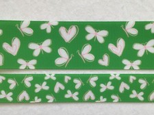 Green White butterflies Hearts Grosgrain ribbon 5/8" 7/8" 1 1.5" 2