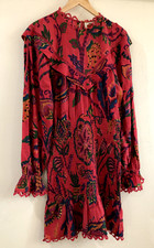 NWT $230 Farm Anthropologie Sz XS Red Print Smocked Waist & Hip Lace Mini Dress