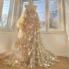 Embroidery Lace A-Line Prom Dresses Sweetheart Puff Sleeves Pearls Corset Lace