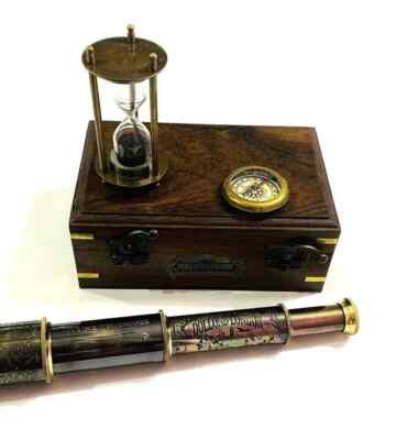 Taschenkompass mit Mini Sand Timer Maritim Messing Teleskop Sanduhr Holzbox