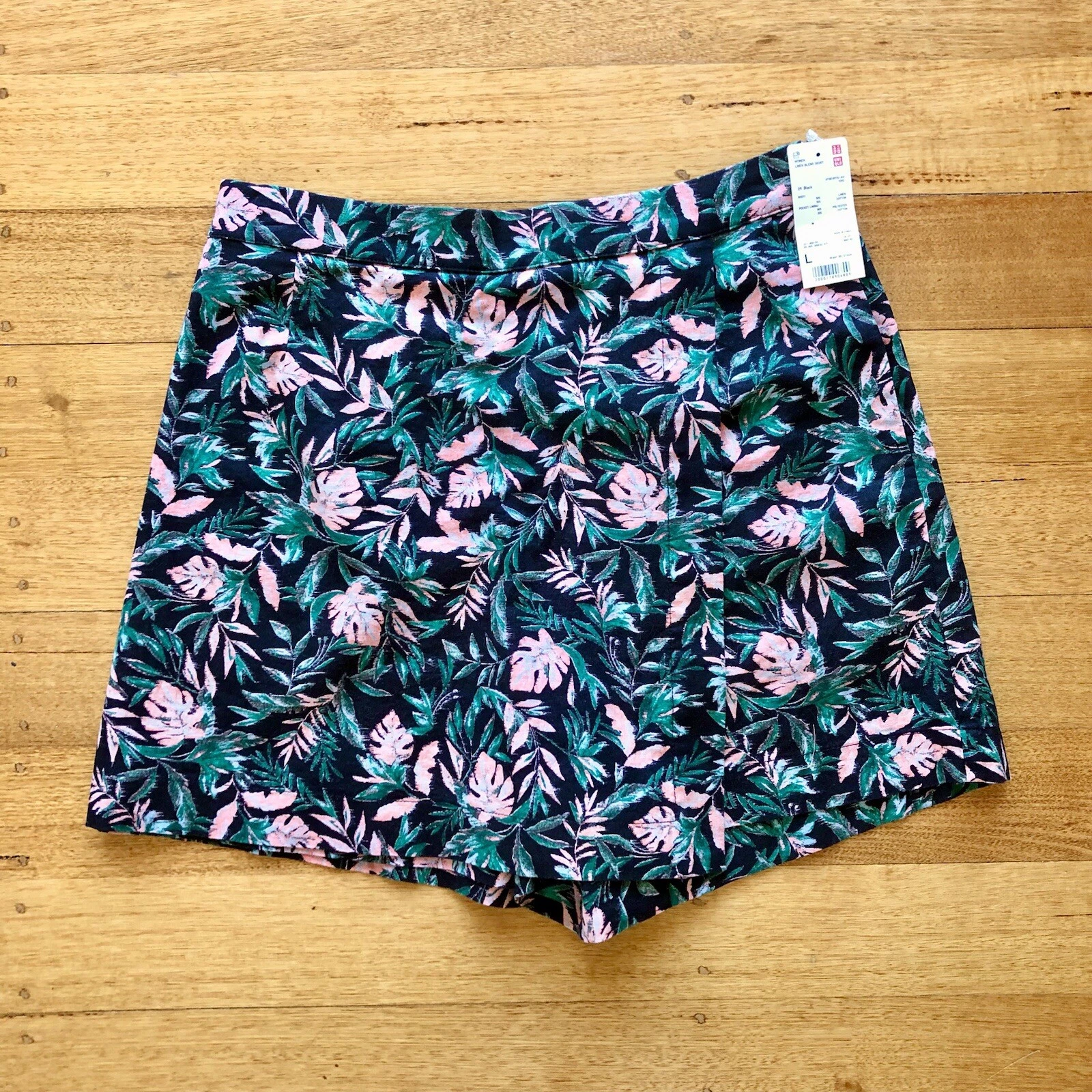 Uniqlo Black Floral Pattern Linen/Cotton Blend Elastic/Zip Skort Size L - NWT