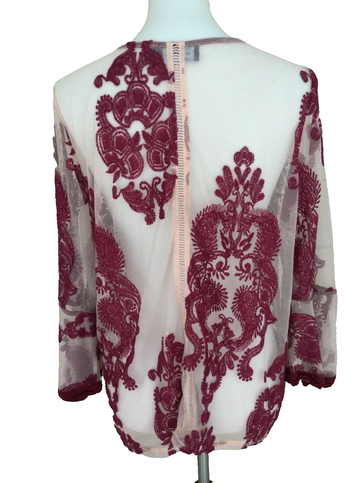 Minkpink Embroidered Sheer Mesh Top Pink Tulle Size Large Burgundy Bell Sleeves - Image 3 of 4