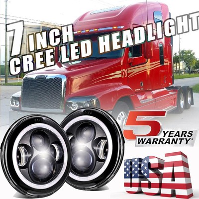 2x 180W 7inch Round Black Cree Led Headlight Hi-Lo Beam For Freightliner Century