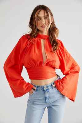 Free People Ultra Techno langärmeliges kurzes Oberteil mit Krawatte in Orange Größe S UVP £88