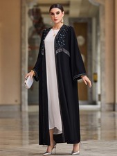Women Dubai Rhinestone Beaded Open Abaya Maxi Dress Islamic Muslim Long Robes
