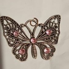 Butterfly necklace pendat Silver Tone Pink Crystal Rhinestones Prong Set 4cm