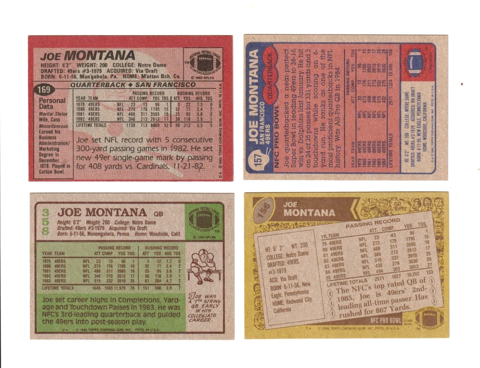 Topps Football Joe Montana 1983 lote de 4 1983 #169, 1984 #358, 1985 #157, 1986 #156 Foto 2 de 2