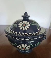 French Soufflenheim Alsace Rustic Bean Pot Lidded Double Handled Earthenware