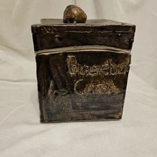 Baseball Card Brown Signed Pottery Canister W Lid Homemade 7x5.25x5 In.  Heavy