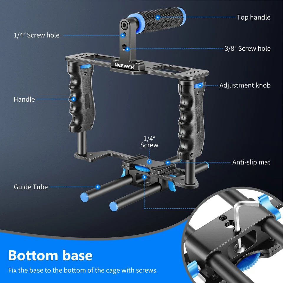 NEEWER CG-MFD Camera Cage Kit w/Handle & Grips, 15mm Rods, Black+Blue - Image 2 of 4