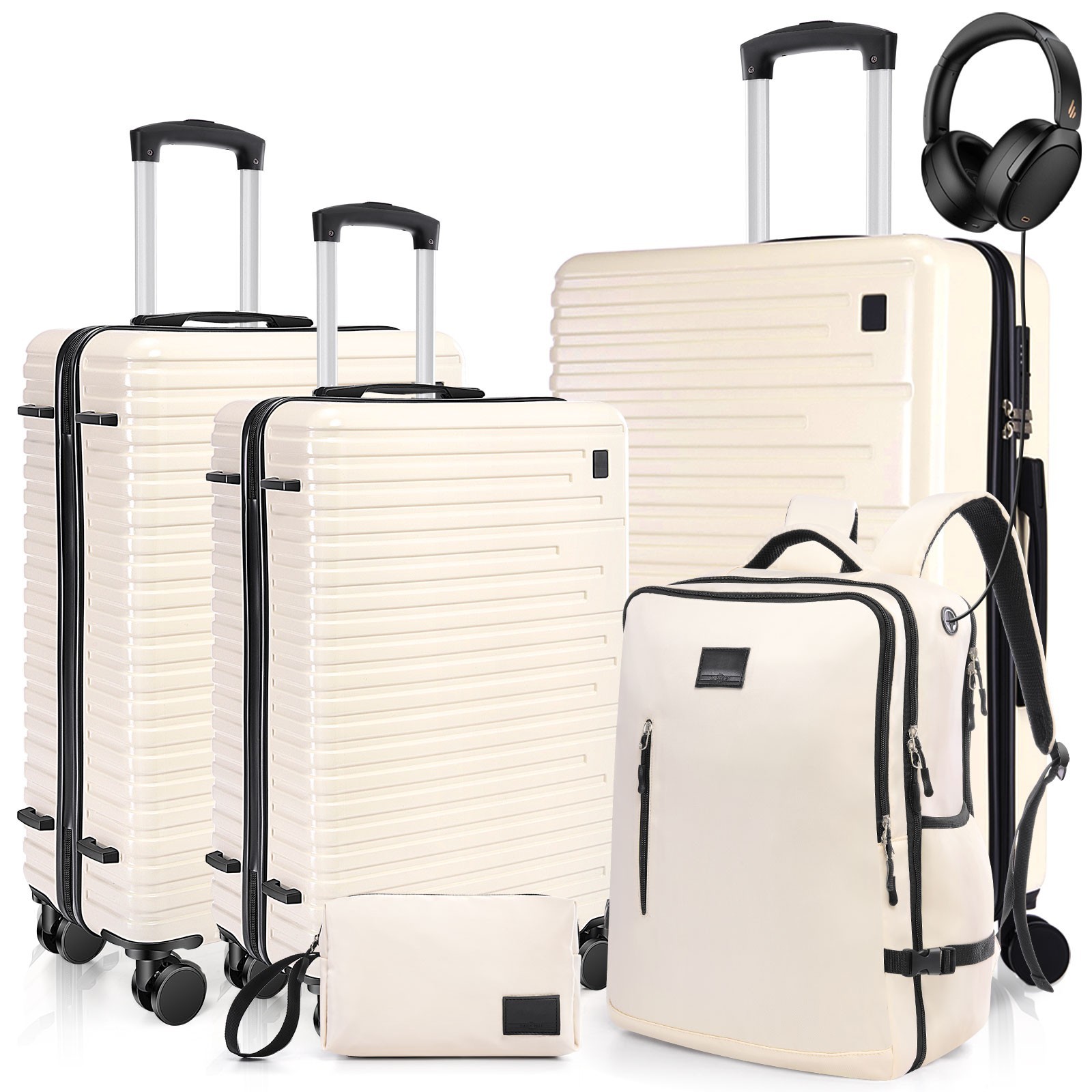 Luggage Set 5 Piece ABS+PC Hardshell Suitcase w/ Double-Row Spinner,35L Backpack