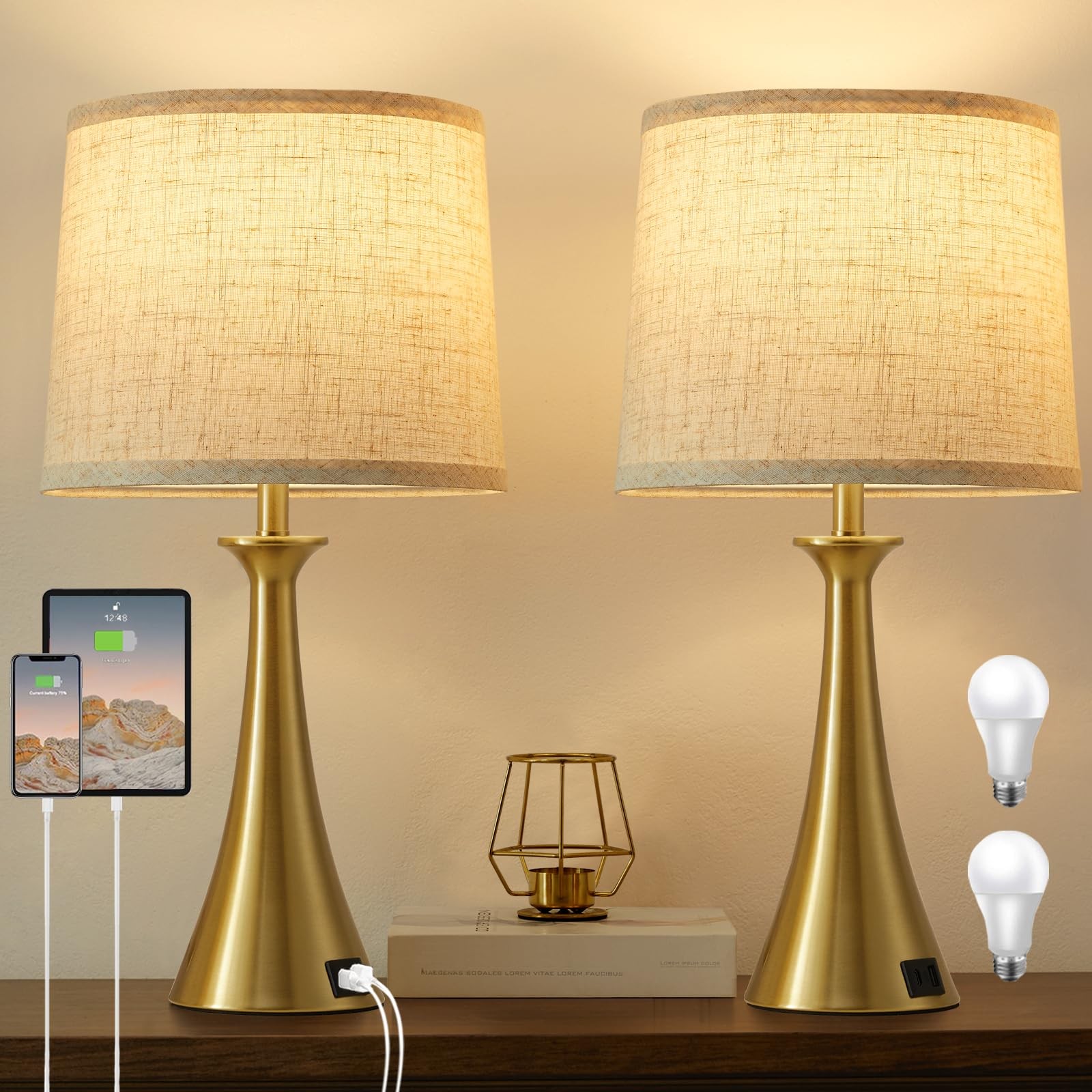 2 Lamparas Elegantes Touch De Mesa 21" Para Sala Cuarto Noche Modernas Doradas