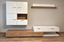 Wohnwand / TV-Wohnwand modern weiß / Holzoptik – Hängeschrank + Lowboard + Regal