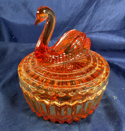 Vintage 1950's Swan Glass Powder Dish W/ Lipstick Holder by Jeanette Glass
