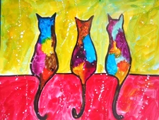 One Of A Kind  -  Original COLORFUL KITTY CATS  Painting  ART