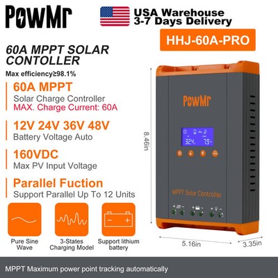 PowMr USA 60A MPPT Solar Charge Controller Can Parallel 12PC Charging 12V 24V