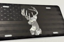 Laser US Flag & Diamond Etched Deer Head Car Tag Vanity Front License Plate Gift