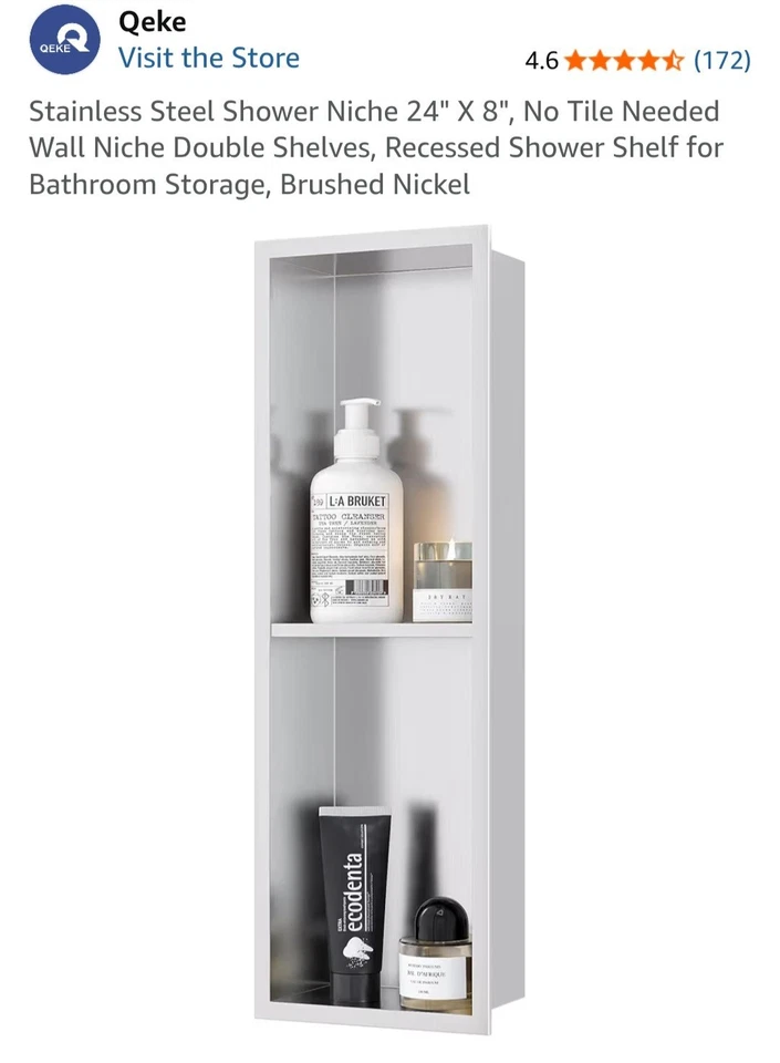 Nicho de ducha de acero inoxidable 24" X 8", sin necesidad de azulejos nicho de pared estantes dobles, Foto 2 de 4