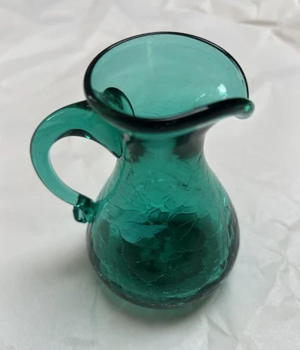 Vintage Emerald Teal Green Crackle Glass Mini Pitcher Creamer Blenko Glass?