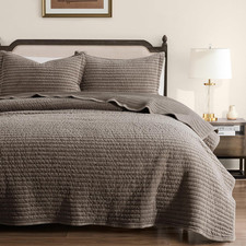 Velvet King Size Quilt Set - Beige Striped Soft Lightweight Bedspread, Tan Neutr