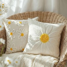 2-Pack 18x18 Inch Spring Summer Daisy Embroidered Canvas Throw Pillow Covers,...
