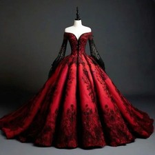 Red Black Gothic Wedding Dresses Off Shoulder Long Sleeves Lace Appliques Gowns