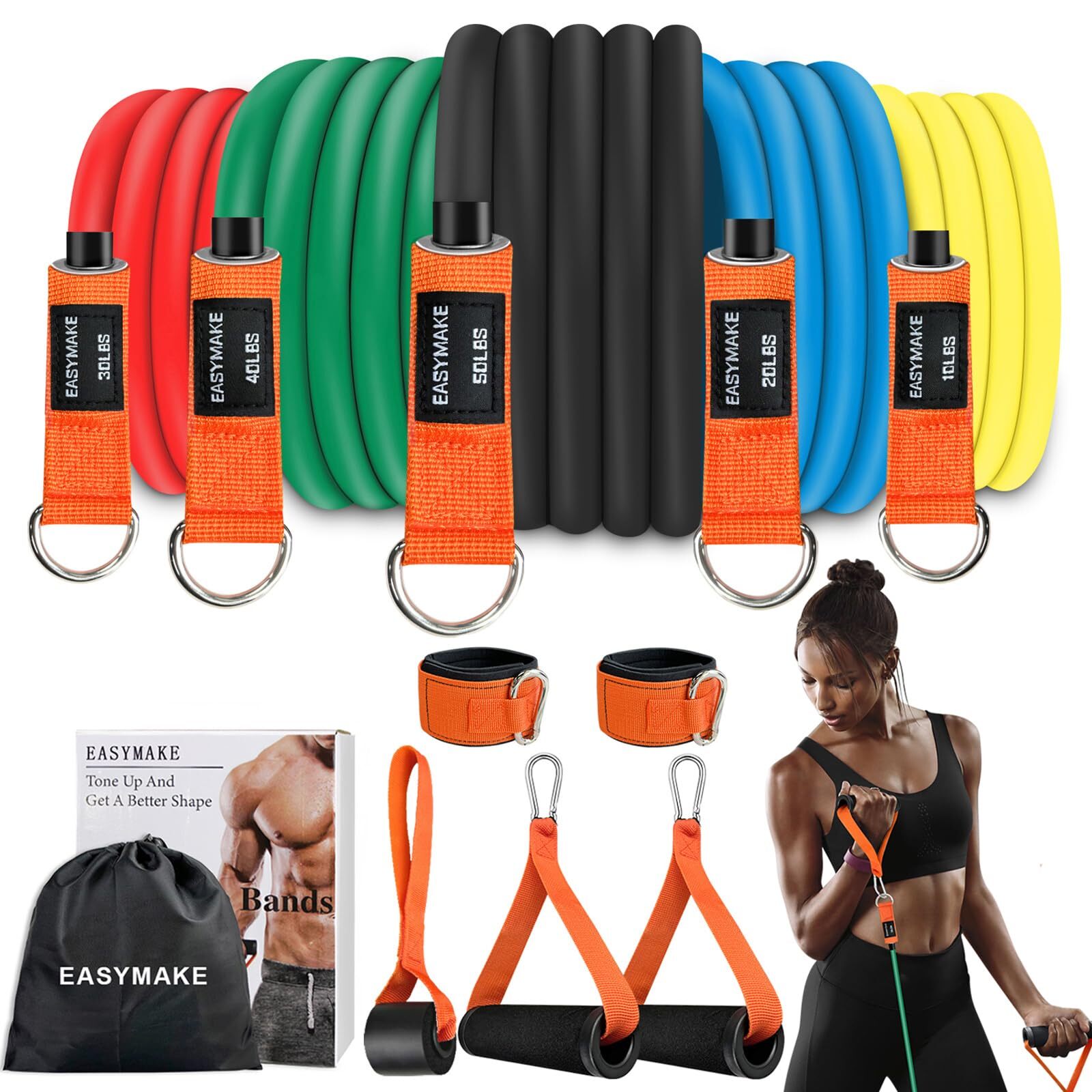 EASYMAKE Resistance Bands Exercise Bands Workout Bands with Handles Door Anch...