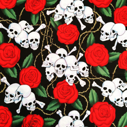 ALEXANDER HENRY Skulls Bones & Roses Cotton Fabric 44" wide x 2 Yards - Picture 1 of 3
