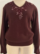 Vintage 80s CAVALINI Plum LACE & PEARLS Embellished Plush ANGORA Wool SWEATER-L