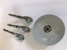 Antique Chinese Famille Rose Porcelain Rice Bowl and 3 Porcelain Spoons