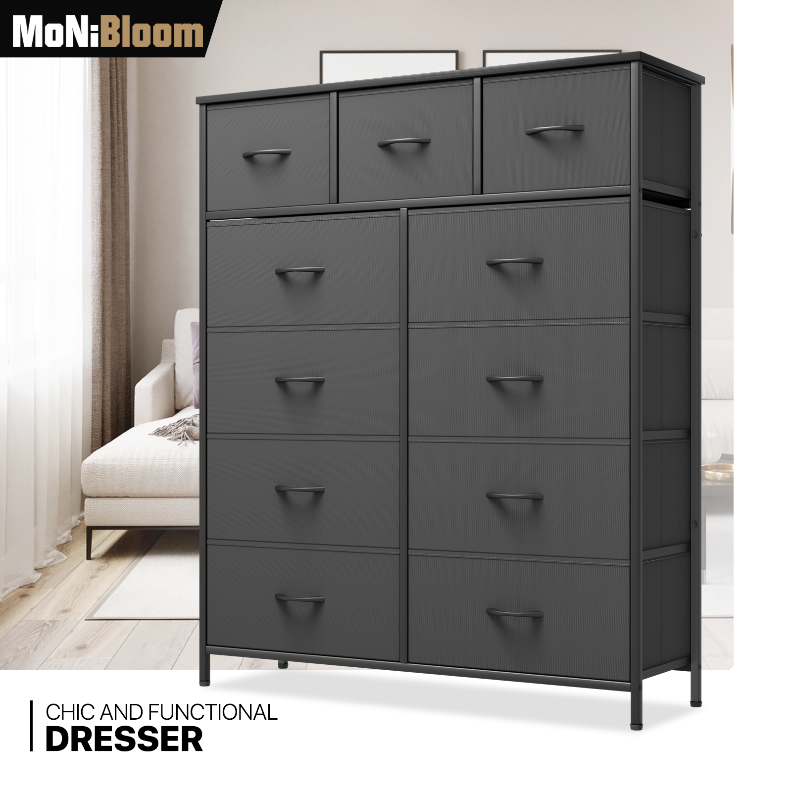 11 Black Drawers Fabric Chest of Drawers Tall Dressers TV Stand Bedroom Storage
