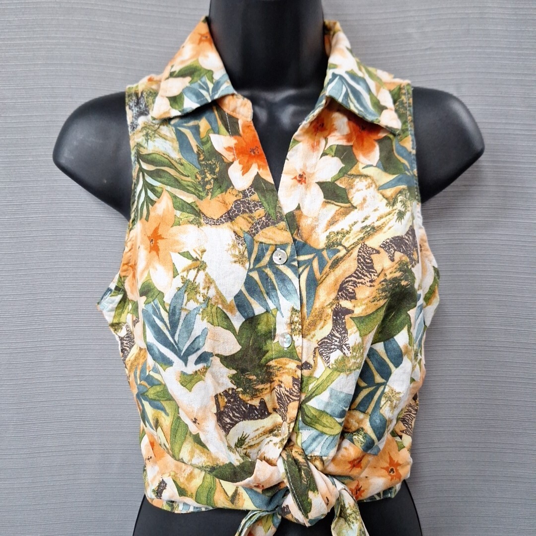 Vintage Y2K Panama Jack Tropical Cropped Tie Front Sleeveless Top