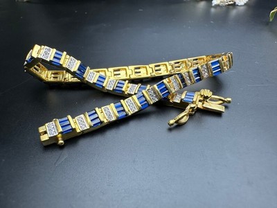 14K Yellow Gold Plated 10Ct Baguette Lab-Created Blue Sapphire Tennis Bracelet