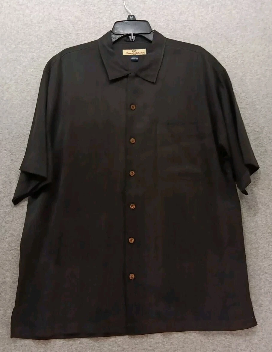Tommy Bahama Hawaiian Camp Shirt Men's Size L Black 100% Silk Embossed Palm