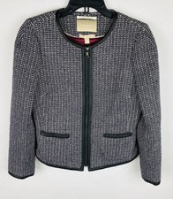 Banana Republic Size 8 Blue White Tweed Zip Front Two Pocket Long Sleeve Jacket