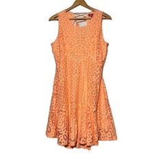 Peach Floral Lace Fit & Flare Dress Lace Up Back Women’s Large NWT