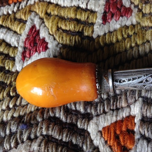 Antiguo soporte para cigarrillos pipa turca otomana de filigrana plateada caramelo ámbar - Imagen 9 de 12