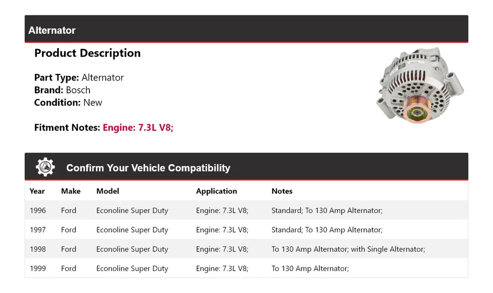 Генератор переменного тока Bosch для 1996-1999 Ford Econoline Super Duty 7,3 л V8 (новый) 1997 1998 - Изображение 2 из 4