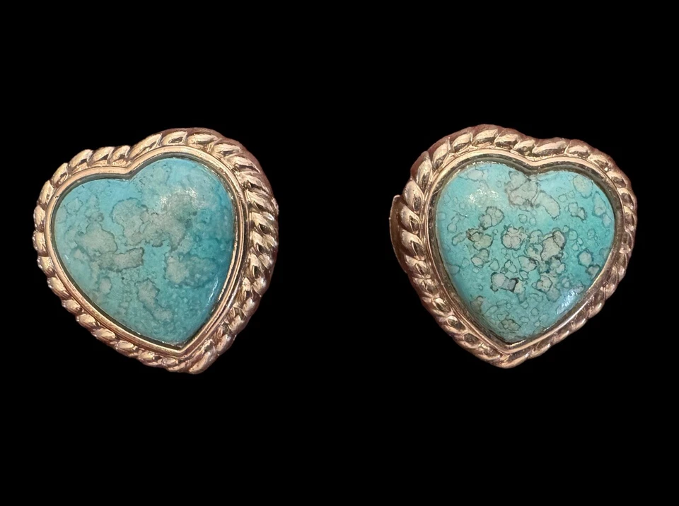 2 Vintage Silver Tone Faux Turquoise Heart Button Covers Cute Accent Piece P1 - Image 2 of 4