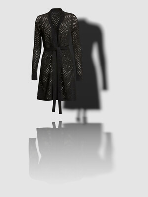$477 Neiman Marcus Women Black Cashmere Crochet Knit Robe Size L