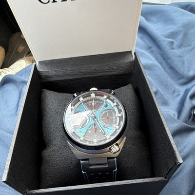 Citizen Eco-Drive Solar Chronograph Tachymeter WR200 Black Leather Strap w/Box