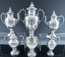 VERY LARGE c1870 VICTORIAN BIRD FIGURAL SILVER PLATE TEA & COFFEE SET w TEA URN