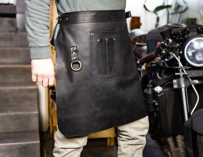 Handmade Half Waist Black Leather Apron with Pockets For Chef  BBQ Cooking Bar