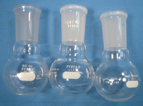 PYREX 50 ML ROUND BOTTOM FLASKS ALL 24/40 FREE SHIPPING     A