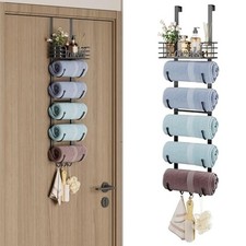 Over The Door Towel Rack 6 Tier with Metal Shelf and Hooks, Black 6-Tier Black