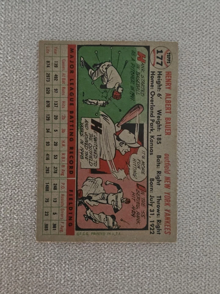 1956 Topps Hank Bauer (New York Yankees) #177 VG MA8 - Изображение 2 из 2