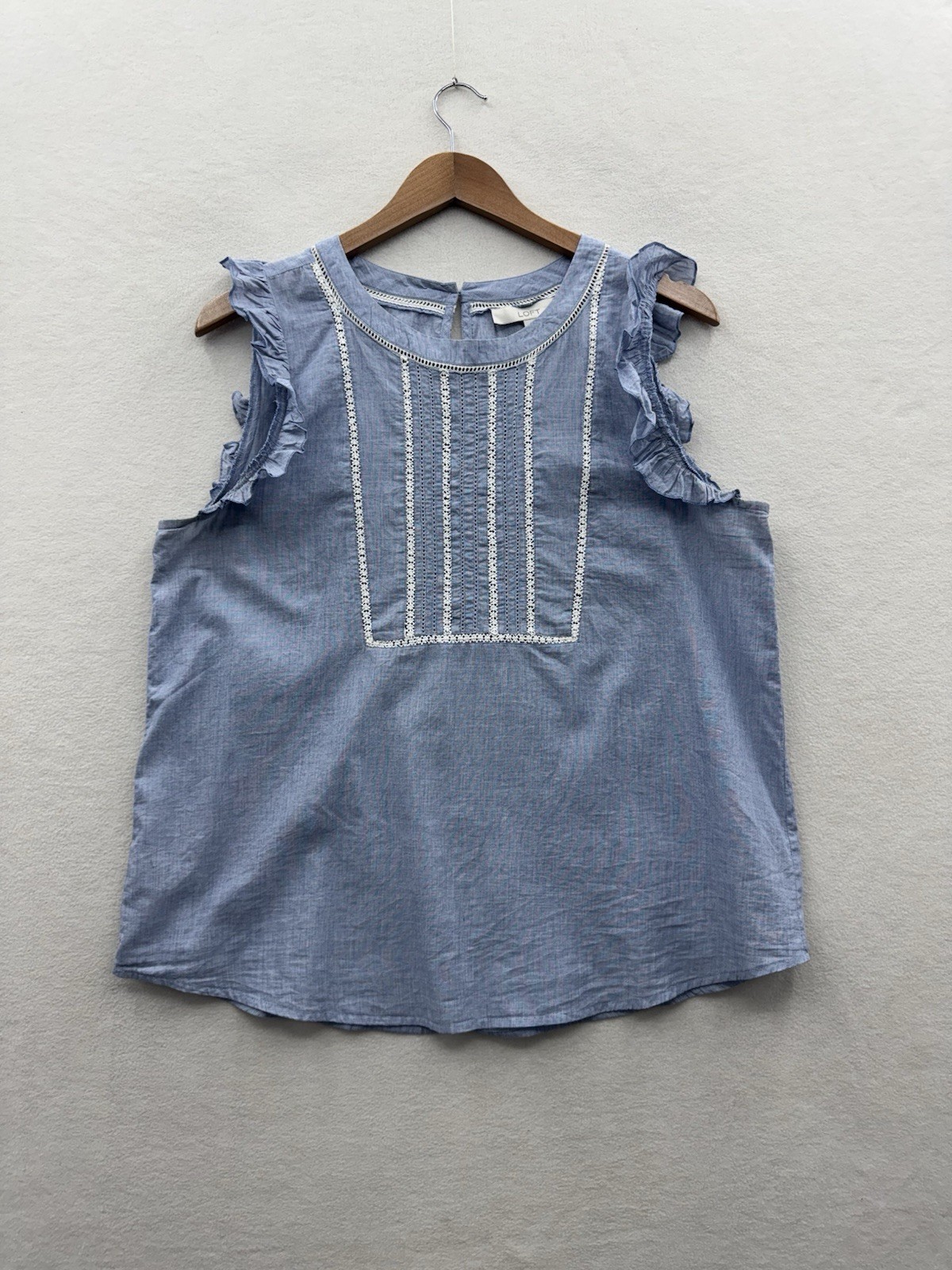 Loft Women’s Large Ruffle Sleeve Cotton Blouse Blue White