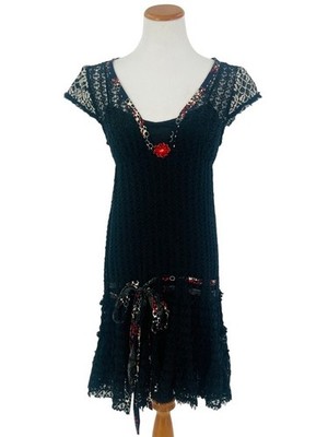 Vintage Free People Black Crochet Drop Waist Cap Slv Boho Whimsygoth Mini Dress
