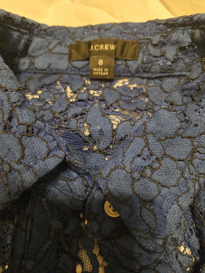 Camisa J Crew Azul Encaje Transparente Abotonada Talla 8 Cuello Manga Larga Foto 3 de 4