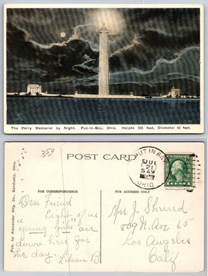 Perry Memorial Night Postcard Put-in-Bay Ohio 1912 Alexander Mfg Co Posted